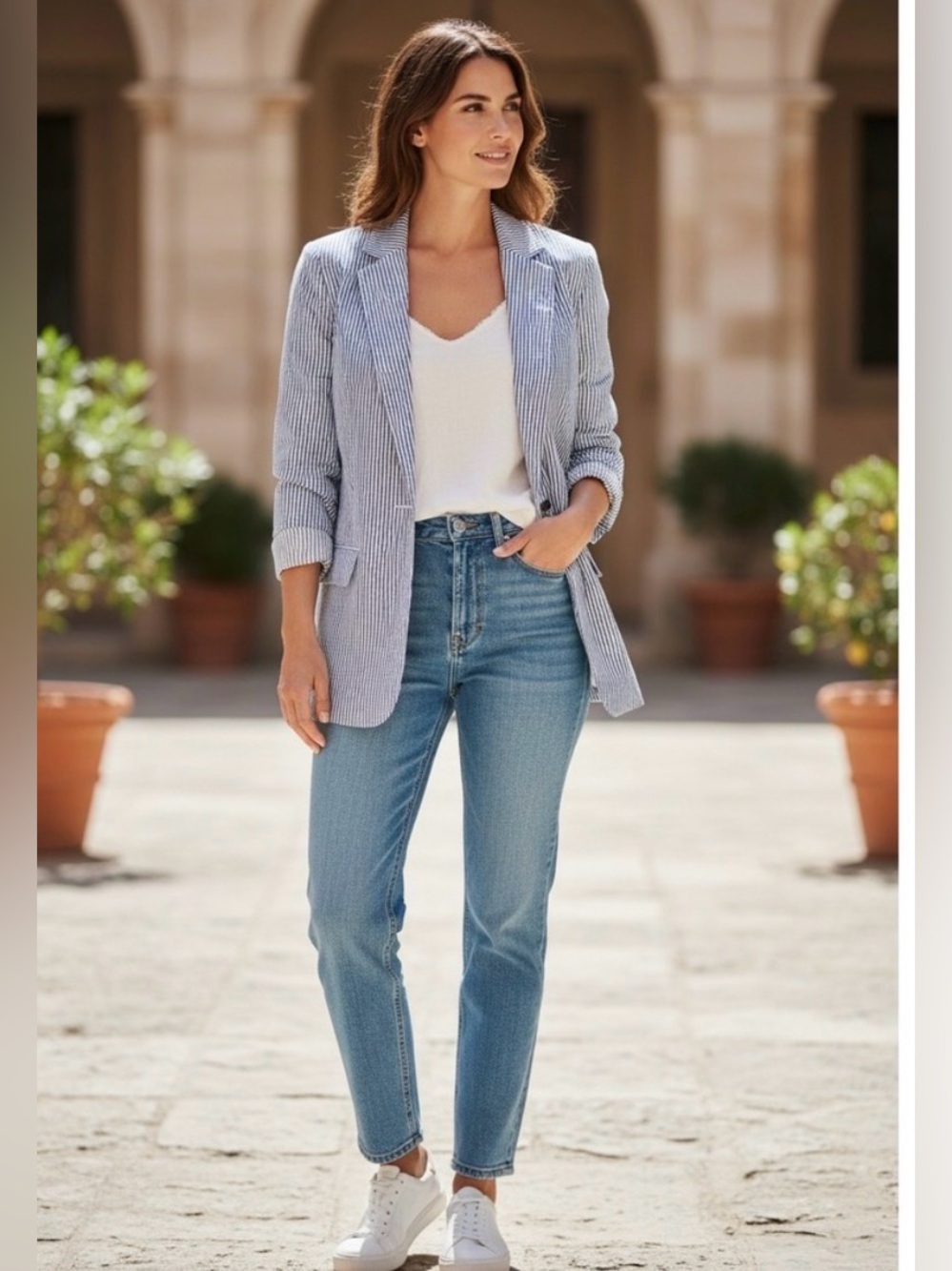 Joie Searsucker Striped Blazer Jacket in Light Gray and White - Size S/P